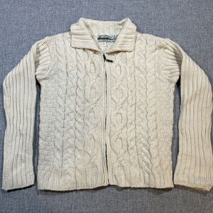 Aran Crafts Sweater Medium Merino Wool Cable Knit Fisherman Chunky Full Zip